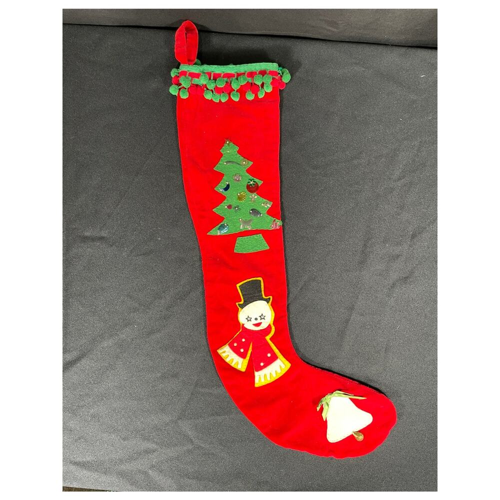Vintage 50's Christmas Stocking Red Velour: Snowman, Christmas Tree and Bell